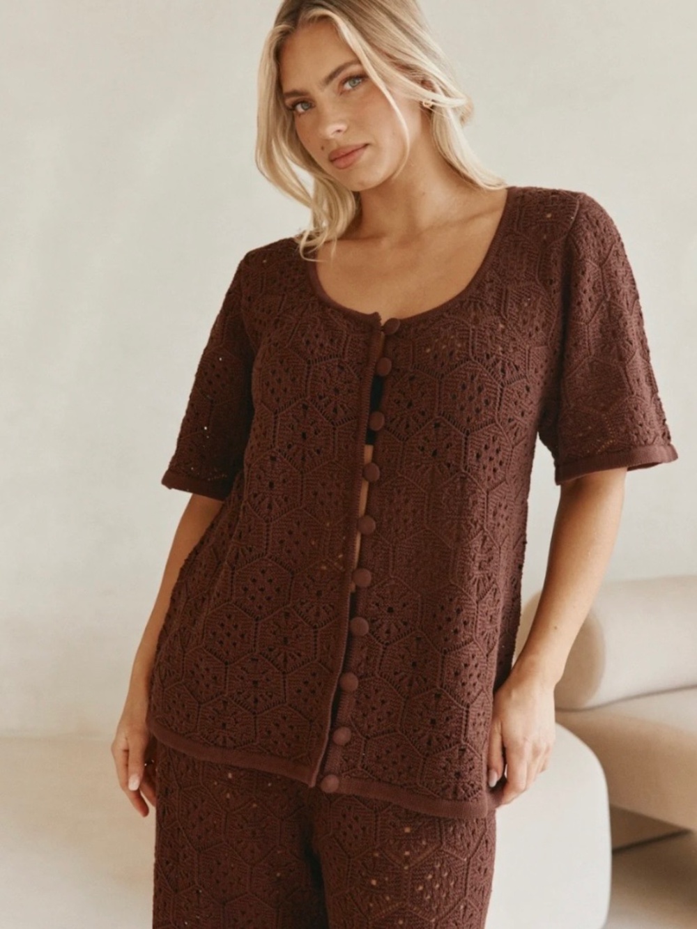 SABO Crochet knit Button Brown Umiko Top L-XL Cotton